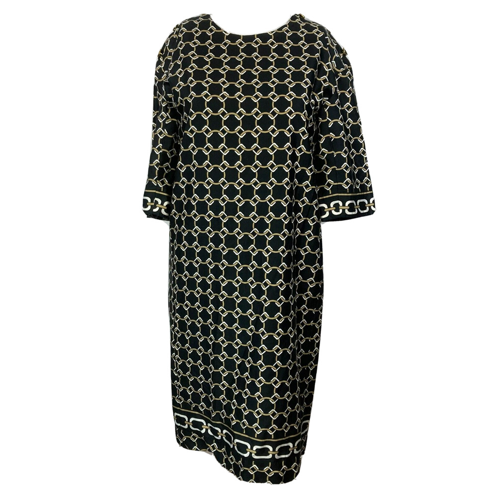 Weill Dress Womens Sz 8 Black‎ Beige White Shift Chain Print Short Sleeve Cotton